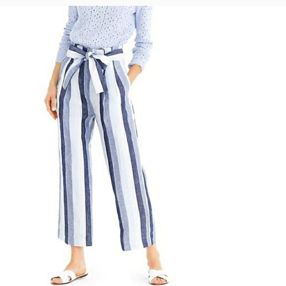 J. Crew Linen Point Sur Blue Stripe Paper Bag Linen Wide Leg Pant Petite 00